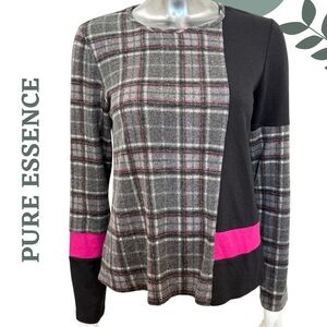 Mixed Media Tunic in Grey Black & Pink | Pure Essence | Plaid Colorblock Size XS